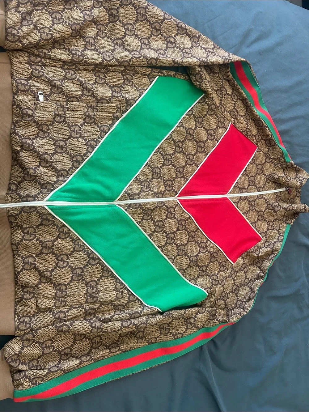 Gucci Brown Monogram Jacket with Green & Red Chevron Accents